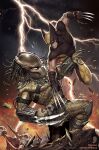  2boys alien arm_blade armor battle bodysuit claw_(weapon) claws crossover dreadlocks fighting fishnets gauntlets helmet highres in-hyuk_lee long_hair manly marvel mask multiple_boys muscular official_art pauldrons predator predator_(movie) predator_(series) predators shoulder_armor skull teeth thigh_armor weapon wolverine x-men yellow_bodysuit 