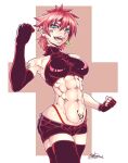  1girl abs bare_shoulders blue_eyes breasts dated fingerless_gloves gloves heart heart_tattoo looking_at_viewer medium_breasts muscular muscular_female original red_hair shorts signature simple_background sleeveless solo tattoo turtleneck zettai_ryouiki zippedsquire 