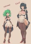  2girls absurdres alternate_costume apron bare_shoulders black_hair bow bowtie breasts brown_gloves brown_thighhighs cafin character_name cleavage dress enmaided fubuki_(one-punch_man) full_body garter_straps gloves green_hair grey_background hair_bow highres holding holding_plate juliet_sleeves large_breasts long_hair long_sleeves maid maid_headdress multiple_girls one-punch_man plate puffy_sleeves red_bow red_bowtie shiny_skin short_dress short_hair siblings simple_background sisters small_breasts smile tatsumaki thighhighs waist_apron white_apron 