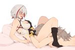  2girls black_gloves black_socks blush breasts from_side gloves grabbing grabbing_another&#039;s_breast grey_hair hair_between_eyes highres honkai:_star_rail honkai_(series) implied_cunnilingus knees_up large_breasts long_hair lying multicolored_hair multiple_girls on_back on_stomach open_mouth purple_eyes red_hair sheet_grab short_hair socks soulnark stelle_(honkai:_star_rail) topaz_(honkai:_star_rail) trailblazer_(honkai:_star_rail) yuri 