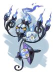  absurdres blue_fire chandelier chandelure closed_mouth commentary_request evolutionary_line fire grey_background highres lampent litwick no_humans pokemon pokemon_(creature) sabamiso_taro smile yellow_eyes 