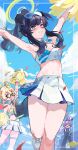  3girls ahoge animal_ears armpits bare_shoulders black_hair blonde_hair blue_archive blue_sky blush breasts cheering cheerleader cloud confetti day dog_ears dog_girl dog_tail glasses halo hibiki_(blue_archive) hibiki_(cheerleader)_(blue_archive) highres holding holding_pom_poms holding_wrench jacket kotama_(blue_archive) kotori_(blue_archive) kotori_(cheerleader)_(blue_archive) kuronuma_s long_hair long_sleeves looking_at_viewer midriff multiple_girls navel official_alternate_costume open_mouth outdoors pleated_skirt pom_pom_(cheerleading) ponytail purple_hair red_eyes shoes skirt sky sneakers standing standing_on_one_leg star_sticker tail tearing_up tears utaha_(blue_archive) utaha_(cheerleader)_(blue_archive) white_skirt wrench yellow_halo 