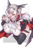  1girl black_thighhighs breasts cape covered_nipples cropped_legs cross cross_earrings detached_sleeves draculina_(last_origin) dress earrings fake_horns fangs grey_hair hair_ornament highres horns huge_breasts jewelry last_origin long_hair looking_at_viewer nail_polish open_mouth pointy_ears rampage_2nd red_eyes red_nails solo thighhighs two_side_up vampire wing_hair_ornament 