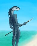  2023 absurd_res ambiguous_gender anthro beach blue_body blurred_background digital_drawing_(artwork) digital_media_(artwork) dirtypaperjoe fish gills glistening hi_res looking_back marine melee_weapon nude polearm rear_view scar seaside shark smooth_skin solo spear teal_eyes weapon 