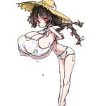  1girl arms_behind_back braid breasts brown_hair cleavage covered_nipples gigantic_breasts hat miyu_(blue_archive) oppai_loli red_eyes simple_background solo sun_hat twin_braids user_nvzc2238 wet white_background 