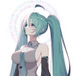  1girl absurdres ahoge aqua_eyes aqua_hair aqua_necktie bare_shoulders black_sleeves breasts collared_shirt commentary detached_sleeves grey_shirt hair_behind_ear hair_between_eyes hatsune_miku highres large_breasts light_blush long_hair looking_to_the_side looking_up necktie parted_lips seoki_(hi3031) shirt sideboob simple_background sleeveless sleeveless_shirt solo twintails upper_body very_long_hair vocaloid wide_sleeves 