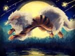  7_phi_3 animal_feet animal_focus arcanine black_stripes commentary_request grass green_eyes highres jumping large_tail mane moon night night_sky no_humans open_mouth orange_fur pokemon pokemon_(creature) reflection reflective_water shooting_star sky solo star_(sky) tail teeth water 