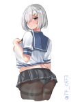  1girl ass blue_eyes blue_sailor_collar breasts cropped_legs from_behind hair_ornament hair_over_one_eye hairclip hamakaze_(kancolle) hand_up highres kantai_collection large_breasts looking_at_viewer looking_back one-hour_drawing_challenge panties panties_under_pantyhose pantyhose pleated_skirt raised_eyebrow sailor_collar shirt short_hair simple_background skirt solo sweat tf_cafe thighband_pantyhose underwear white_background white_panties white_shirt 