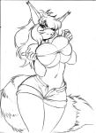  2023 absurd_res anthro bandeau big_breasts black_and_white bottomwear breast_squish breasts canid chochi cleavage clothed clothing cutoffs denim denim_clothing dipstick_tail female graphite_(artwork) hair hair_over_eye hi_res hotpants huge_breasts long_ears long_hair looking_at_viewer mammal markings midriff monochrome one_eye_obstructed pencil_(artwork) presenting presenting_breasts puckered_lips shorts sketch solo squish striped_markings striped_tail stripes tail tail_markings topwear traditional_media_(artwork) unbuttoned_pants unbuttoned_shorts under_boob wide_hips 