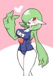  1girl arm_at_side bare_shoulders blue_one-piece_swimsuit blush bob_cut breasts cameltoe character_name cleavage clothed_pokemon colored_skin commentary_request covered_navel covered_nipples gardevoir green_hair green_skin hair_over_one_eye hand_up happy heart kazamidoririnn looking_at_viewer medium_breasts multicolored_skin one-piece_swimsuit one_eye_covered open_mouth personification pink_background pokemon pokemon_(creature) red_eyes school_swimsuit shiny_skin short_hair simple_background smile solo standing swimsuit thighs translated two-tone_background two-tone_skin variant_set white_skin 