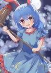  1girl absurdres ambiguous_red_liquid blue_dress blue_hair dress hammer high_meron highres holding holding_hammer moon night night_sky red_eyes seiran_(touhou) short_sleeves sky smile solo star_(symbol) star_print touhou 