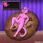  animal_genitalia anthro breasts cookie cookie_clicker domestic_cat felid feline felis food fur genitals gynomorph intersex lying mammal milk on_back pink_body pink_eyes pink_fur pink_nose pixiecatsupreme sheath smile tail text_box 