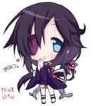  1girl akatsuki_(ggsy7885) blue_eyes chibi commentary_request dress eyepatch hands_up heart long_hair low_ponytail one_eye_covered open_mouth own_hands_together purple_dress purple_hair shokudaikiri_mitsutada_(tenka_hyakken) solo standing tenka_hyakken white_background wide_sleeves 