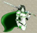  2021 absurd_res amnisia_(trinitygodag) anthro armor armor_plates billowing_cape black_hair canid canine canis cape clothing digital_drawing_(artwork) digital_media_(artwork) dungeons_and_dragons fantasy female gauntlets gloves hair handwear hasbro hi_res humanoid mammal melee_weapon patreon shiny_(disambiguation) short signature solo sword tail trinitygodag weapon weapon_on_shoulder wizards_of_the_coast wolf 
