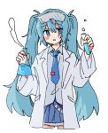  1girl :o @_@ alternate_costume blue_eyes blue_hair blue_necktie blue_skirt blush_stickers collared_shirt cropped_legs erlenmeyer_flask eyewear_on_head flask grey_shirt hatsune_miku highres holding holding_flask holding_test_tube lab_coat long_hair long_sleeves looking_at_viewer necktie open_labcoat open_mouth pleated_skirt ra_sii_yo safety_glasses shirt simple_background skirt smoke solo straight-on test_tube tie_clip twintails very_long_hair vocaloid white_background 