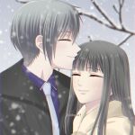  akigure1 couple fruits_basket highres kiss kissing_forehead kuragi_machi smile snow snowflakes souma_yuki winter winter_uniform 