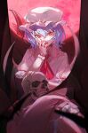  1girl amari ascot bat_wings blood blood_on_hands commentary_request dress feet_out_of_frame hat hat_ribbon highres holding holding_skull licking_blood looking_at_viewer mob_cap moon open_mouth pink_dress pointy_ears puffy_short_sleeves puffy_sleeves purple_hair red_ascot red_eyes red_moon red_nails red_ribbon remilia_scarlet ribbon short_hair short_sleeves sitting skull solo tongue tongue_out touhou white_headwear wings wrist_cuffs 