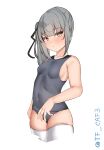  1girl absurdres alternate_costume black_ribbon blue_one-piece_swimsuit blush brown_eyes covered_navel cowboy_shot embarrassed grey_hair hair_ribbon highres kantai_collection kasumi_(kancolle) long_hair looking_at_viewer one-piece_swimsuit ribbon school_swimsuit side_ponytail solo swimsuit swimsuit_under_clothes tf_cafe twitter_username 