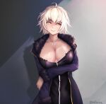  1girl absurdres arm_under_breasts black_dress blonde_hair blue_jacket breasts collarbone dress fate/grand_order fate_(series) fur-trimmed_jacket fur_trim highres jacket jeanne_d&#039;arc_alter_(fate) jeanne_d&#039;arc_alter_(ver._shinjuku_1999)_(fate) keira_nier large_breasts medium_hair over-kneehighs smile solo thighhighs upper_body 