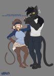  absurd_res anthro big_breasts bottomwear breasts clothing collar domestic_cat duo felid feline felis female hand_holding haplorhine hi_res kaoi_(kareca) kareca male mammal monkey netik_(myfurrymind) pants primate shirt shorts simple_background topwear 