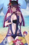  2girls alear_(female)_(fire_emblem) alear_(fire_emblem) beach black_headwear blue_one-piece_swimsuit blurry blurry_foreground blush bracelet breasts clothing_cutout doiparuni dress_swimsuit drinking_straw finger_to_cheek fire_emblem fire_emblem_engage fire_emblem_heroes highres holding holding_umbrella ivy_(fire_emblem) ivy_(summer)_(fire_emblem) jewelry mole mole_under_mouth multiple_girls ocean official_alternate_costume one-piece_swimsuit pov purple_eyes purple_hair see-through_headwear stomach_cutout swimsuit tropical_drink umbrella 