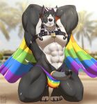  2022 abs absurd_res anthro artist_logo beach biceps black_body black_fur black_nipples canid canine canis chain claws daxx_(shirteater18) domestic_dog eyewear fur genitals green_eyes grey_penis hands_behind_head harness hi_res kneeling lgbt_history_month lgbt_pride logo male mammal multicolored_body multicolored_fur nelldemon nipple_piercing nipples nude padlocked_collar palm_tree pecs penis piercing pit_bull plant pride_colors rainbow_flag rainbow_pride_flag rainbow_symbol sand seaside solo sunglasses toe_claws tree triceps vein veiny_penis white_body white_fur 