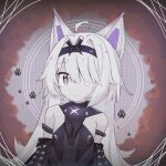  1girl ahoge animal_ears bare_shoulders black_bodysuit black_hairband black_sleeves bodysuit ciallo_0721_(poi) closed_mouth commentary_request detached_sleeves grey_eyes grey_hair hair_intakes hair_over_one_eye hairband highres long_hair long_sleeves mechanical_ears no.21:_feral_scent_(punishing:_gray_raven) no.21_(punishing:_gray_raven) punishing:_gray_raven sidelocks solo wolf_ears 