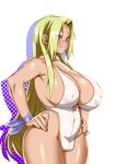  1girl blonde_hair breasts hand_on_own_hip huge_breasts konakona long_hair naruto naruto_(series) smile solo swimsuit thighs tsunade_(naruto) 