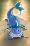  2017 3_toes absurd_res ambiguous_gender blue_body blue_fur detailed_background digital_media_(artwork) eeveelution feet feral fur generation_1_pokemon hi_res looking_at_viewer mewscaper nintendo outside pink_nose pokemon pokemon_(species) purple_eyes quadruped solo toes vaporeon water wet 