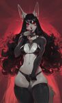  anthro big_ears black_hair black_nose blood blood_on_face bodily_fluids bonifasko bonika_(bonifasko) bra breasts canid canine canis cleavage clothed clothing ear_piercing female fur gesture glowing glowing_eyes goth grey_body grey_fur hair hand_on_mouth hi_res legwear long_hair looking_at_viewer mammal navel open_mouth panties piercing pinup pose red_background red_eyes shirt simple_background solo standing stockings stripes suggestive suggestive_gesture thick_thighs topwear underwear wide_hips wolf 