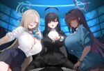  3girls :d asuna_(blue_archive) asymmetrical_bangs bad_id bad_twitter_id black_choker black_hair black_jacket blue_archive blue_cardigan blue_eyes blunt_bangs breasts cardigan choker cleavage commentary_request dark-skinned_female dark_skin flying_sweatdrops grey_hair hair_over_one_eye halo heart highres huge_breasts jacket karin_(blue_archive) large_breasts long_hair long_sleeves looking_at_viewer monitor multiple_girls open_mouth pleated_skirt red_eyes rio_(blue_archive) school_uniform scrunchie shirt short_sleeves sketch skirt smile turtleneck white_shirt wrist_scrunchie xiujia_yihuizi yellow_eyes 