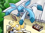  duo eeveelution female feral generation_1_pokemon generation_4_pokemon glaceon hand_holding jolteon male nintendo pokemon pokemon_(species) rooftop 