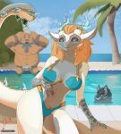  anthro bikini canid canine canis clothing cloud crystal dragon feet_in_water female goron group hi_res light_dragon_(totk) link_(wolf_form) looking_at_viewer mammal nintendo palm_tree partially_submerged plant poolside princess_zelda riddleheart seaside swimwear tears_of_the_kingdom the_legend_of_zelda tree water wolf yunobo 