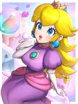  1girl absurdres blonde_hair blue_eyes blush breasts bubble bubble_blowing cloud commentary_request crown dot_nose earrings elbow_gloves flower gloves gonzarez highres jewelry koopa_troopa large_breasts long_hair mario_(series) open_mouth parted_bangs pink_lips princess_peach sitting snow solo super_mario_bros._wonder white_gloves 