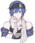  1boy a_m_m_a bare_shoulders blue_eyes blue_hair bracelet closed_mouth commentary_request dark_blue_hair earrings hand_up headband jewelry kaito_(vocaloid) leo/need_(project_sekai) leo/need_kaito male_focus necklace official_alternate_costume project_sekai short_hair simple_background solo sweat towel towel_around_neck upper_body vocaloid white_background 