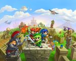  6+boys absurdres armor ball_and_chain_(weapon) belt blue_hair blue_headwear blue_sky blue_tunic bow_(weapon) brown_footwear cloud day fake_horns fireball green_hair green_headwear green_tunic helmet highres holding holding_polearm holding_sword holding_weapon horned_helmet horns link magic monster multiple_boys multiple_persona octorok official_art outdoors pointy_ears polearm red_hair red_headwear red_tunic short_hair skeleton sky spear sword the_legend_of_zelda the_legend_of_zelda:_tri_force_heroes toon_link weapon 