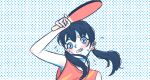  1girl artist_request bad_link black_hair blue_theme blush breasts chinese_commentary holding holding_paddle open_mouth original paddle red_vest simple_background small_breasts solo sportswear sweat table_tennis_paddle teeth twintails upper_body vest 