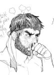  1boy after_fellatio bara beard_stubble blush covering_mouth cum cum_in_mouth facial forked_eyebrows greyscale head_steam headband large_pectorals looking_ahead male_focus mature_male mewniverse monochrome muscular muscular_male mustache_stubble nude pectorals ryu_(street_fighter) short_hair shy sketch solo street_fighter street_fighter_6 thick_eyebrows upper_body v-shaped_eyebrows 