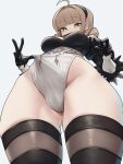  1girl 2b_(nier:automata) 2b_(nier:automata)_(cosplay) absurdres ahoge alternate_costume ass_visible_through_thighs blunt_bangs breasts brown_hair cameltoe cleavage cosplay cowboy_shot curvy gloomyowl goddess_of_victory:_nikke green_eyes headband highres leotard looking_at_viewer medium_breasts nier:automata nier_(series) novel_(nikke) sidelocks simple_background solo star-shaped_pupils star_(symbol) symbol-shaped_pupils thighhighs thighs voice_actor_connection white_background white_leotard 