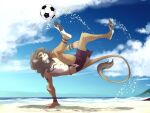  2019 acrobatics action_pose anthro artist_name athletic athletic_anthro athletic_male ball beach black_pawpads blue_eyes bottomwear brown_body brown_fur brown_hair brush_tail clothed clothing cloud countershade_feet countershade_torso countershading day digital_drawing_(artwork) digital_media_(artwork) english_text feet felid fur furgonomics hair lion looking_at_object male mammal mane mane_hair markings multicolored_body multicolored_fur orion_(spiralstaircase) outside pantherine pawpads peritian pose red_bottomwear red_clothing red_shorts sand seaside shirtless_anthro shirtless_male shore shoreline shorts signature sky soccer soccer_ball solo sport striped_arms striped_legs striped_markings stripes swimming_trunks swimwear tail text topless topless_anthro topless_male two_tone_body two_tone_fur water white_body white_fur 