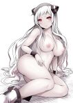  1girl absurdres abyssal_ship airfield_princess black_horns blush boots breasts closed_mouth colored_skin grey_skin highres horns kantai_collection kuromayu large_breasts long_hair looking_at_viewer nipples nude pale_skin red_eyes simple_background sitting solo very_long_hair white_footwear white_hair 
