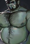 1boy bara beard big_belly bored chest_hair colored_skin cowboy_shot facial_hair green_skin hairy half-closed_eyes highres huge_eyebrows large_pectorals looking_at_viewer male_focus mature_male monster_boy muscular muscular_male mustache_stubble navel_hair nude orc original pectorals ruslorc short_hair solo thick_eyebrows tusks 