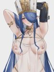  1girl absurdres armpits arms_up blue_eyes blue_hair breasts covered_nipples hair_over_one_eye hat highres large_breasts mechanical_arms milephunter original see-through simple_background single_mechanical_arm smile solo standing upper_body white_background 