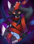  anthro arm_tuft artist_name black_body black_fur black_nose blue_body blue_fur canid cheek_tuft elbow_tuft facial_tuft fur glistening glistening_eyes half-length_portrait head_tuft hi_res kuttoyaki male mammal nude portrait purple_background red_eyes ribbons shoulder_tuft simple_background solo tuft white_body white_fur 