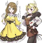  2girls blonde_hair breasts brown_hair citrinne_(fire_emblem) coat dress earrings feather_hair_ornament feathers fire_emblem fire_emblem_engage fur_trim goldmary_(fire_emblem) hair_ornament highres jewelry large_breasts leon0630claude multiple_girls pantyhose red_eyes yellow_dress yellow_eyes 