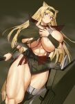  1girl abs animal_ears arknights black_choker black_hairband blonde_hair blush breasts choker green_eyes hairband highres hilt holding holding_weapon horn_(arknights) huge_breasts long_hair melon22 muscular muscular_female navel no_bra simple_background solo sweat thighs torn_clothes weapon wolf_ears 