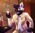  alcohol anthro bar beverage black_body black_fur bookshelf canid canine canis cat_mantis clothing fur furniture grin heterochromia hi_res looking_at_viewer male mammal sharp_canines smile solo solo_focus suit suit_jacket whiskey white_body white_fur wolf 