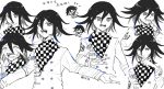  1boy :d biting blue_hair buttons cha_c170 checkered_clothes checkered_scarf closed_mouth crying danganronpa_(series) danganronpa_v3:_killing_harmony double-breasted happy long_sleeves male_focus medium_hair multicolored_hair multiple_views nail_biting notice_lines oma_kokichi open_mouth scarf smile tears teeth translation_request two-tone_hair upper_body upper_teeth_only 