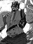  1boy bara beard belt facial_hair greyscale hand_up highres large_pectorals looking_at_viewer male_focus masapeko mature_male monochrome muscular muscular_male necktie oscar_(housamo) outstretched_arm pectorals shirt short_hair solo tokyo_afterschool_summoners veins veiny_arms vest 