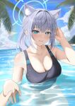  1girl absurdres animal_ear_fluff animal_ears bare_arms beach black_one-piece_swimsuit blue_archive blue_eyes blue_sky blush breasts cleavage closed_mouth cloud collarbone day english_commentary grey_hair hair_ornament hairclip halo hand_in_own_hair highres holding holding_hands holding_weapon horizon long_hair looking_at_viewer massoukei medium_breasts ocean one-piece_swimsuit outdoors palm_tree partially_submerged pov pov_hands shiroko_(blue_archive) shiroko_(swimsuit)_(blue_archive) sky smile solo sparkle swimsuit tree watermark weapon 